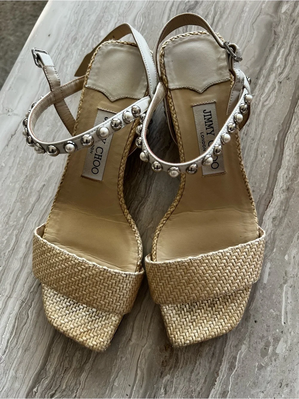 Jimmy Choo Cream Woven Raffia Sandals with Silver Studded Ankle Strap - Picture 8 of 10